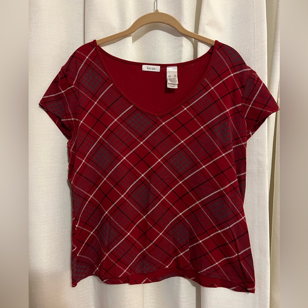 Vintage liz & co. Maroon Plaid Short Sleeve Cotton Top Size XL